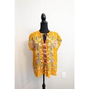 Johnny Was Embroidered Floral & Bird Short Sleeve Ladies Blouse Size Medium